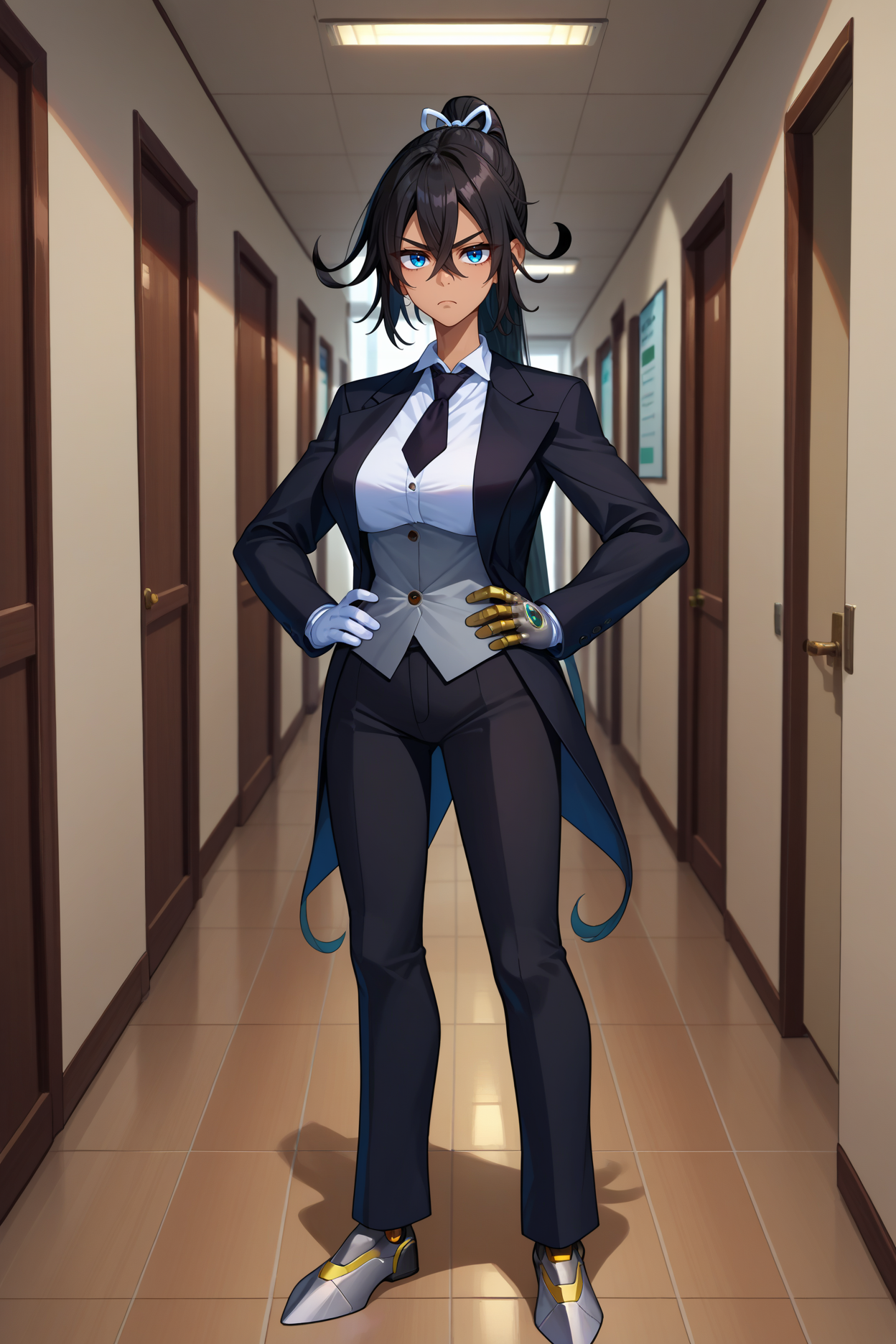 score_9, score_8_up, score_7_up, score_6_up, source_anime, 1girl, solo,  <lora:fuumaamane-pdxl-nvwls-v1-000005:1> trpgane, black hair, high ponytail, hair between eyes, tan skin, hair ribbon, grey vest, black suit jacket, white shirt, collared shirt, black necktie, black pants, white gloves, large breasts, hands on hips, hallway, looking at you, unimpressed, single mechanical arm, blue eyes, annoyed, full body