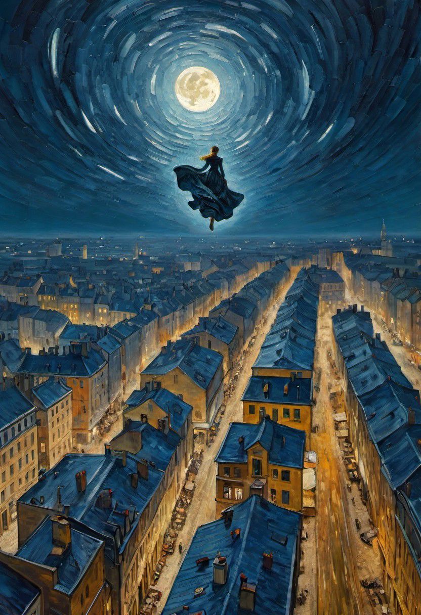 impressionist painting by Van Gogh, very rough painting with visible paint strokes, (dynamic_angle), view from below,
woman with flowing skirts flying between buildings, levitating, clothes like midnight full of stars, Night light, sharp shadows, moon lit, 
looking out over city, European city landscape, old winding roads, dystopian city, crowds of people, 
standing high above stret, illustration,
