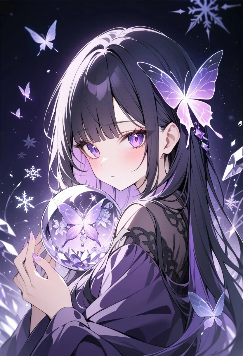 masterpiece, newest,absurdres,incredibly absurdres,1girl, solo, bug, butterfly, bangs, black hair, looking at viewer, long hair, blunt bangs, covered mouth, purple eyes, purple theme, eyelashes, flower, pink eyes, snowflakes, 
dark_theme,abstract background, made of crystals,
depth of field,white sphere on the background,usnr, (crystals everywhere)