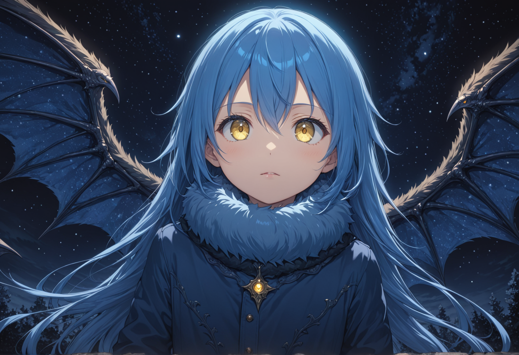 tsepmet_urumir_xl, rimuru tempest, wings, long hair, blue hair, solo, hair between eyes, fur trim, fur collar, fur trimmed jacket, looking at viewer, demon wings,
under a starry night sky, depth of field, dutch angle, from below,
intricate detail, cinematic lighting, amazing quality, amazing shading, detailed Illustration, official artwork, wallpaper, official art, thigh gap,
(masterpiece, best quality:1.2), extremely detailed eyes and face, beautiful detailed eyes, yellow eyes,
<lora:Rimuru_Tempest_Character_XL:1>
<lora:IOS_Iridescent_opal_style:0.6>