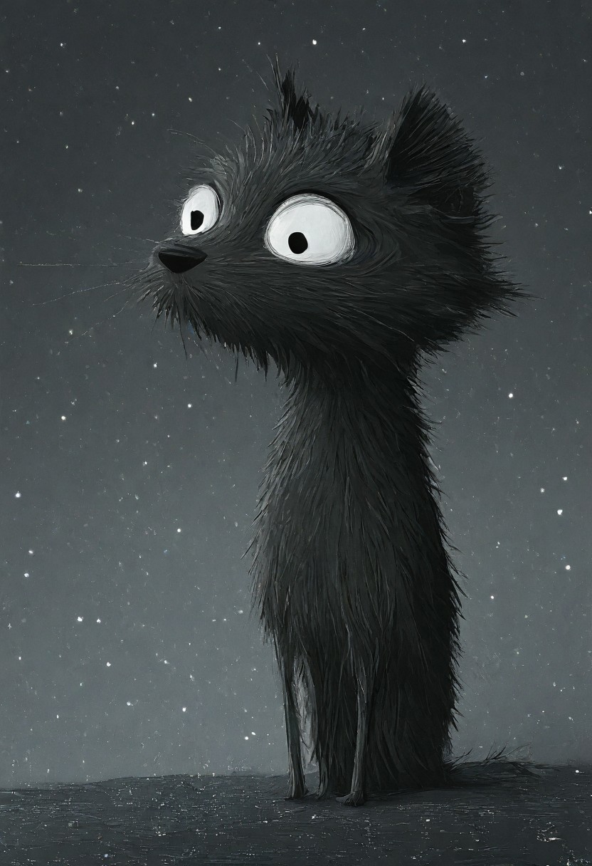 A whimsical illustration of a lanky cat with a disproportionately huge polygonal head in pure black and white, balanced impossibly on a geometric shattered fragment of moon, digital painting with high contrast brushwork showing angular whiskers and prismatic fur patterns, misty night sky background with mathematical star patterns forming constellations, characteristic Tim Burton inspired design with massive white eyes that seem to glow against the black polygonal face, creating a striking monochromatic dreamscape where shadows and highlights tell the story without any need for color