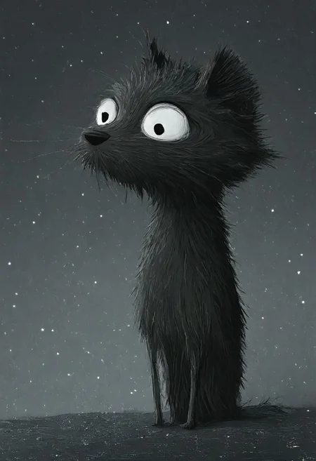 A whimsical illustration of a lanky cat with a disproportionately huge polygonal head in pure black and white, balanced impossibly on a geometric shattered fragment of moon, digital painting with high contrast brushwork showing angular whiskers and prismatic fur patterns, misty night sky background with mathematical star patterns forming constellations, characteristic Tim Burton inspired design with massive white eyes that seem to glow against the black polygonal face, creating a striking monochromatic dreamscape where shadows and highlights tell the story without any need for color