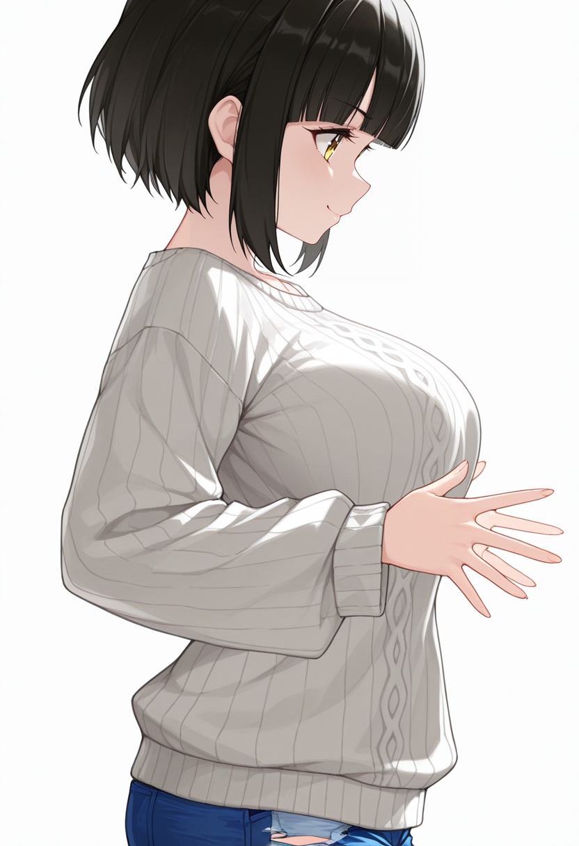 Smooth Quality,masterpiece,very intricate, high quality details, ultra realistic, high detailed skin,detailed enviorement,absurdres,
spread fingers,
 <lora:Tachibana_Mei_CNR:0.8> mei_cnr,  black hair, short hair, bob cut, blunt bangs, yellow eyes, large breasts,, forced smile,, simple background, white background, from side,solo,, oversized sweater, ,tunic,  ,ripped jeans, ,