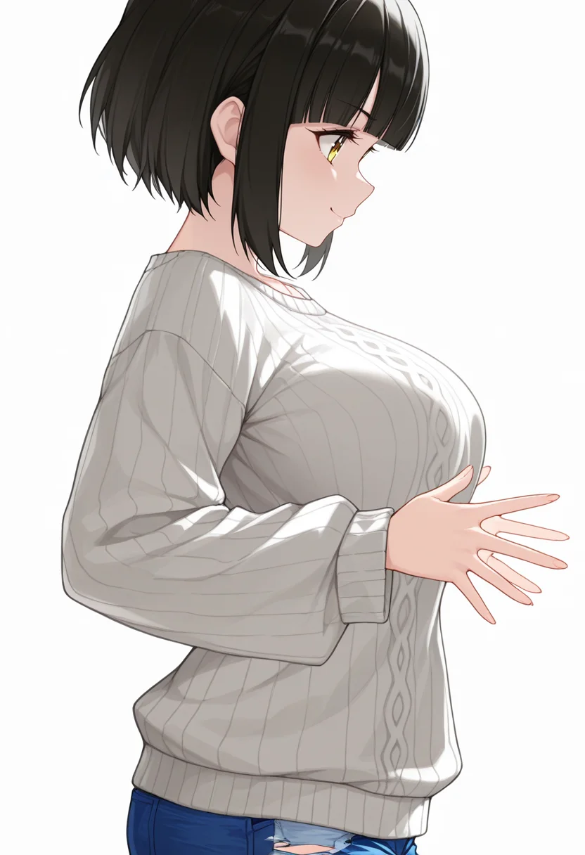 Smooth Quality,masterpiece,very intricate, high quality details, ultra realistic, high detailed skin,detailed enviorement,absurdres,
spread fingers,
 <lora:Tachibana_Mei_CNR:0.8> mei_cnr,  black hair, short hair, bob cut, blunt bangs, yellow eyes, large breasts,, forced smile,, simple background, white background, from side,solo,, oversized sweater, ,tunic,  ,ripped jeans, ,