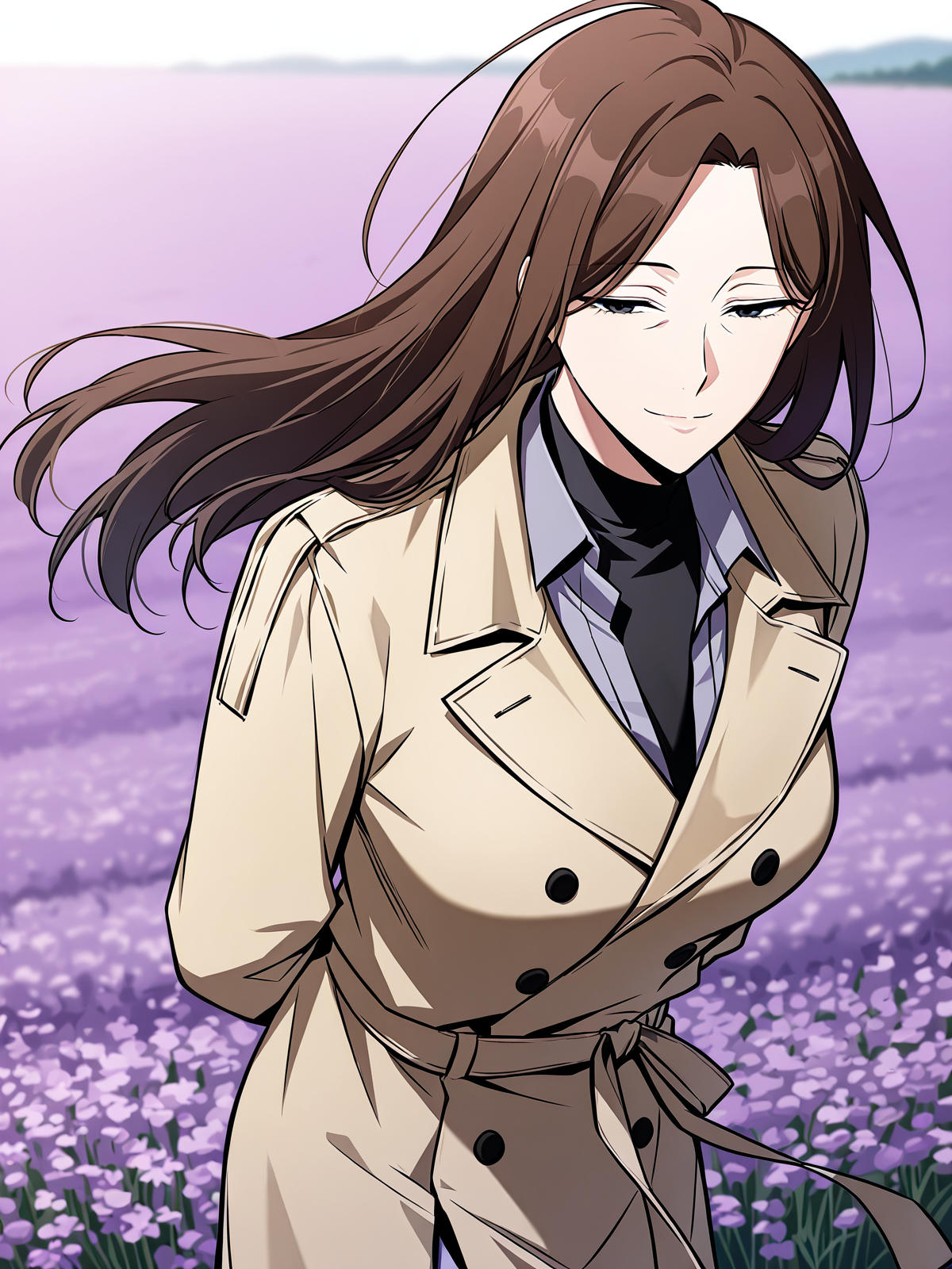 <lora:Omniscient_Readers_Viewpoint__Lee_Sookyun:1>
1 girl, solo, long hair, brown hair, straight hair, center parted hair, black eyes, mature female, 
beige trench coat, long coat, double breasted coat, tied waist belt, black undershirt, navy dress shirt, lavender pants, white slip-on shoes,
score_9, score_8_up, score_7_up, very aesthetic, source_anime, detailed, high quality, beautiful, masterpiece, detailed eyes, field, blurry background, pose dynamic angle, upper body, cowboy shot, light smile, floating hair, half-closed eyes, hands behind back, leaning forward, looking forward, looking at viewer