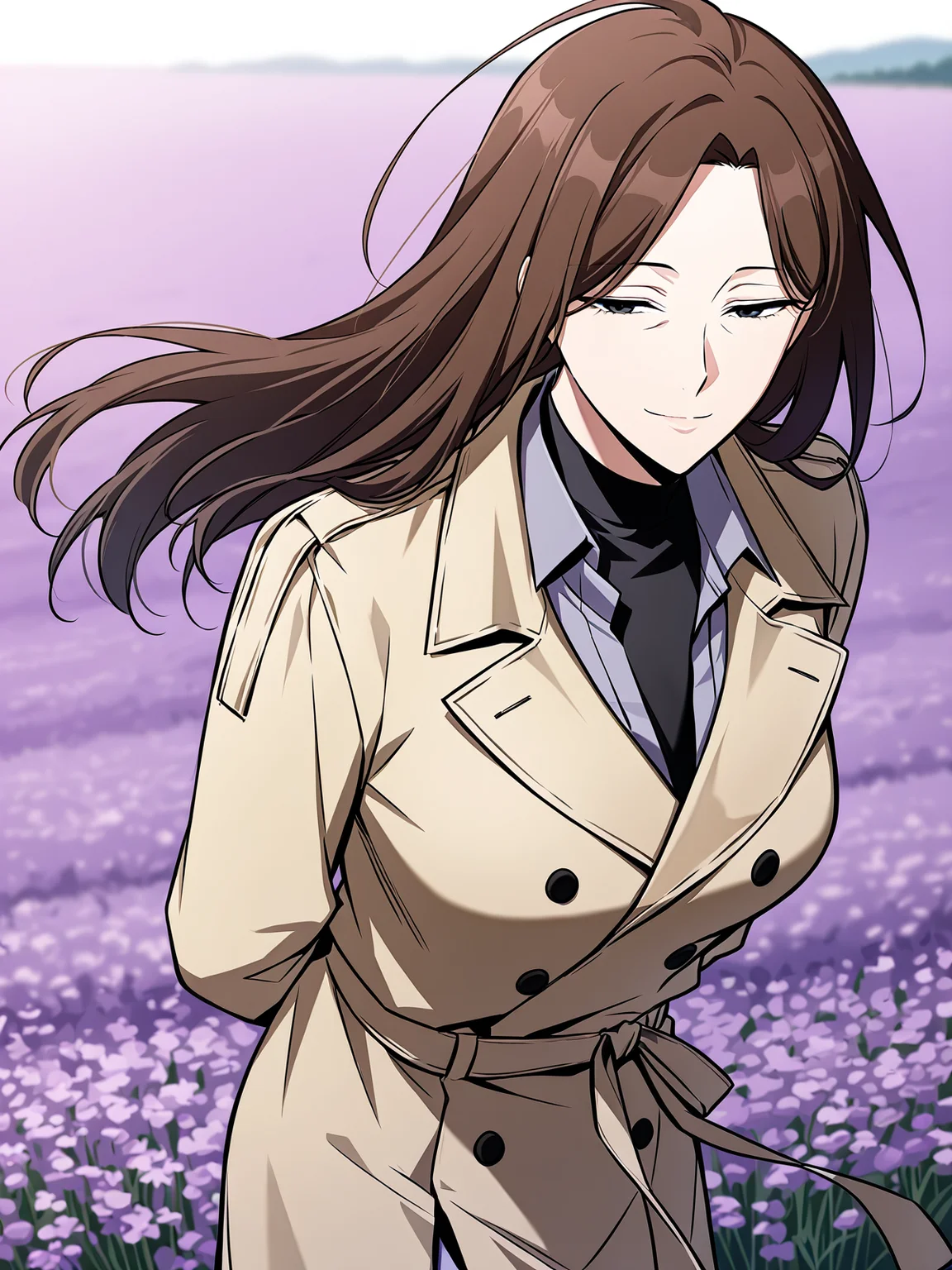 <lora:Omniscient_Readers_Viewpoint__Lee_Sookyun:1>
1 girl, solo, long hair, brown hair, straight hair, center parted hair, black eyes, mature female,
beige trench coat, long coat, double breasted coat, tied waist belt, black undershirt, navy dress shirt, lavender pants, white slip-on shoes,
score_9, score_8_up, score_7_up, very aesthetic, source_anime, detailed, high quality, beautiful, masterpiece, detailed eyes, field, blurry background, pose dynamic angle, upper body, cowboy shot, light smile, floating hair, half-closed eyes, hands behind back, leaning forward, looking forward, looking at viewer