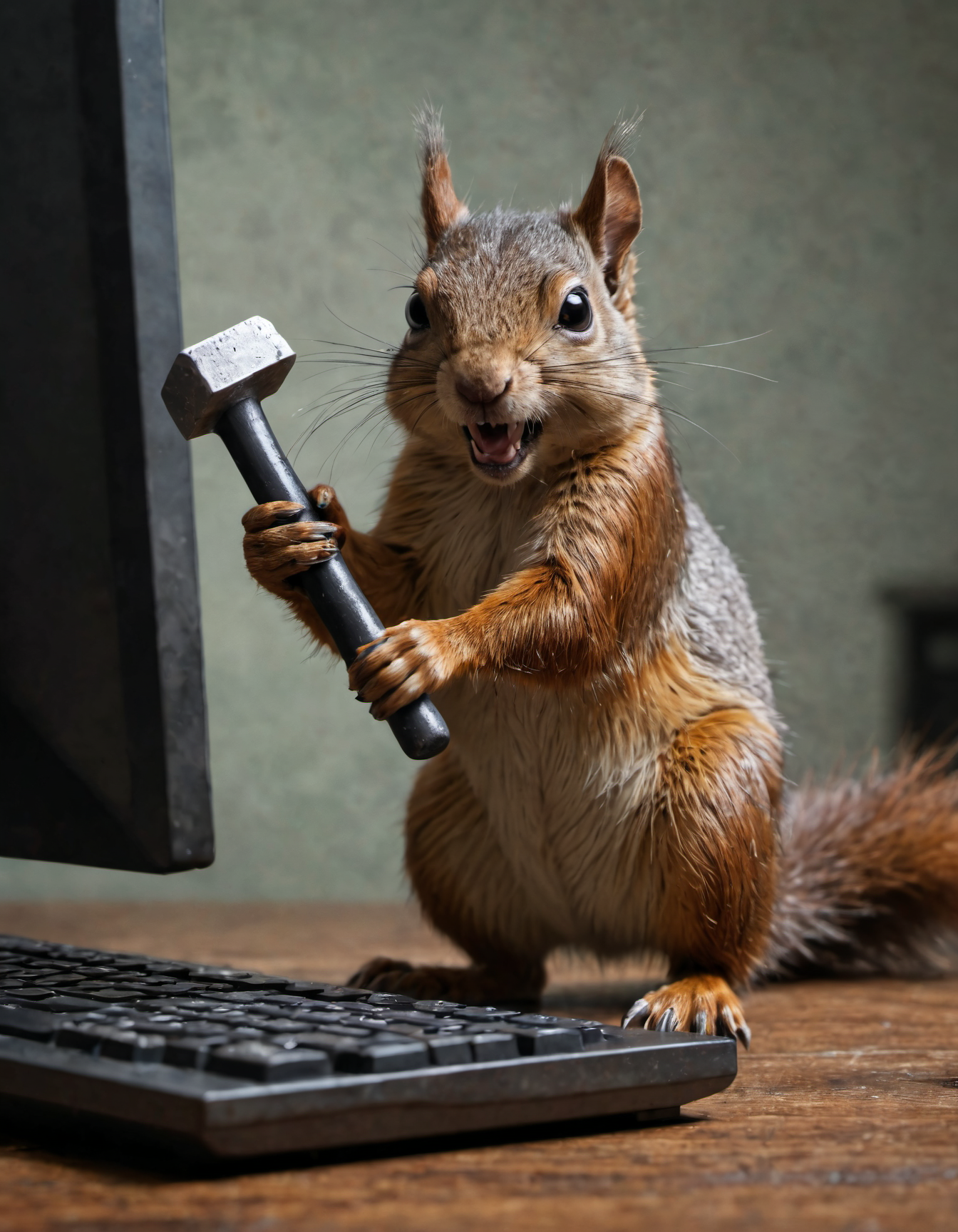horror-themed a squirrel hitting a computer with a hammer . eerie, unsettling, dark, spooky, suspenseful, grim, highly detailed