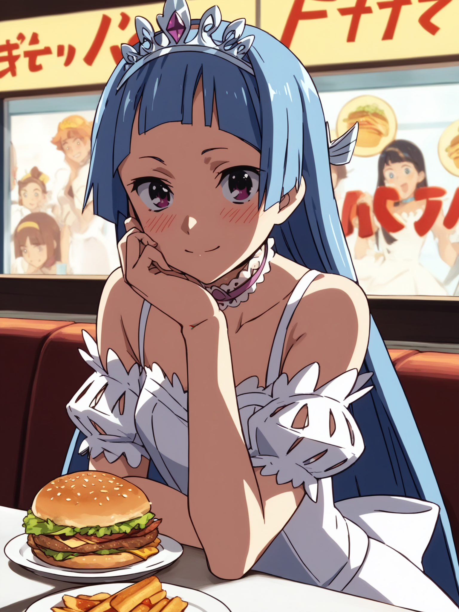 <lora:happy_tentacle-nagi-v0.1-000038:0.9>, ht_nagi, princess, white dress, tiara, choker, fast food, restaurant, blush, seductive smile, cowboy shot, facing viewer, looking at viewer, anime coloring, score_9, score_8_up, score_7_up, score_6_up, score_5_up, score_4_up,