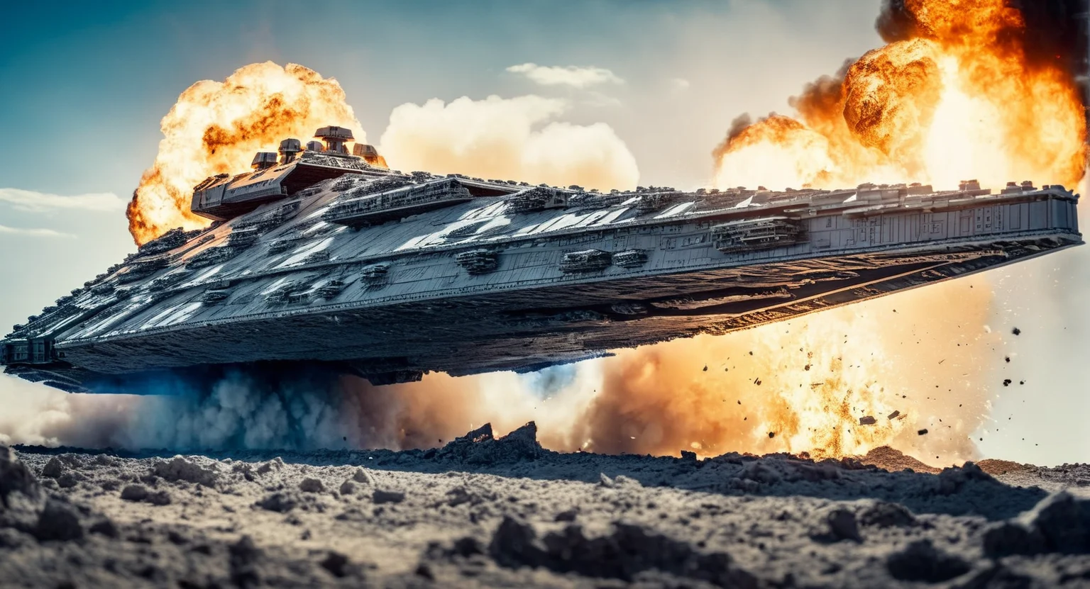 cinematic film still of  <lora:cinematic explosion style:1.5>
a large star destroyer destroyed exploded while flying through a blue sky cinematic explosion style, shallow depth of field, vignette, highly detailed, high budget, bokeh, cinemascope, moody, epic, gorgeous, film grain, grainy