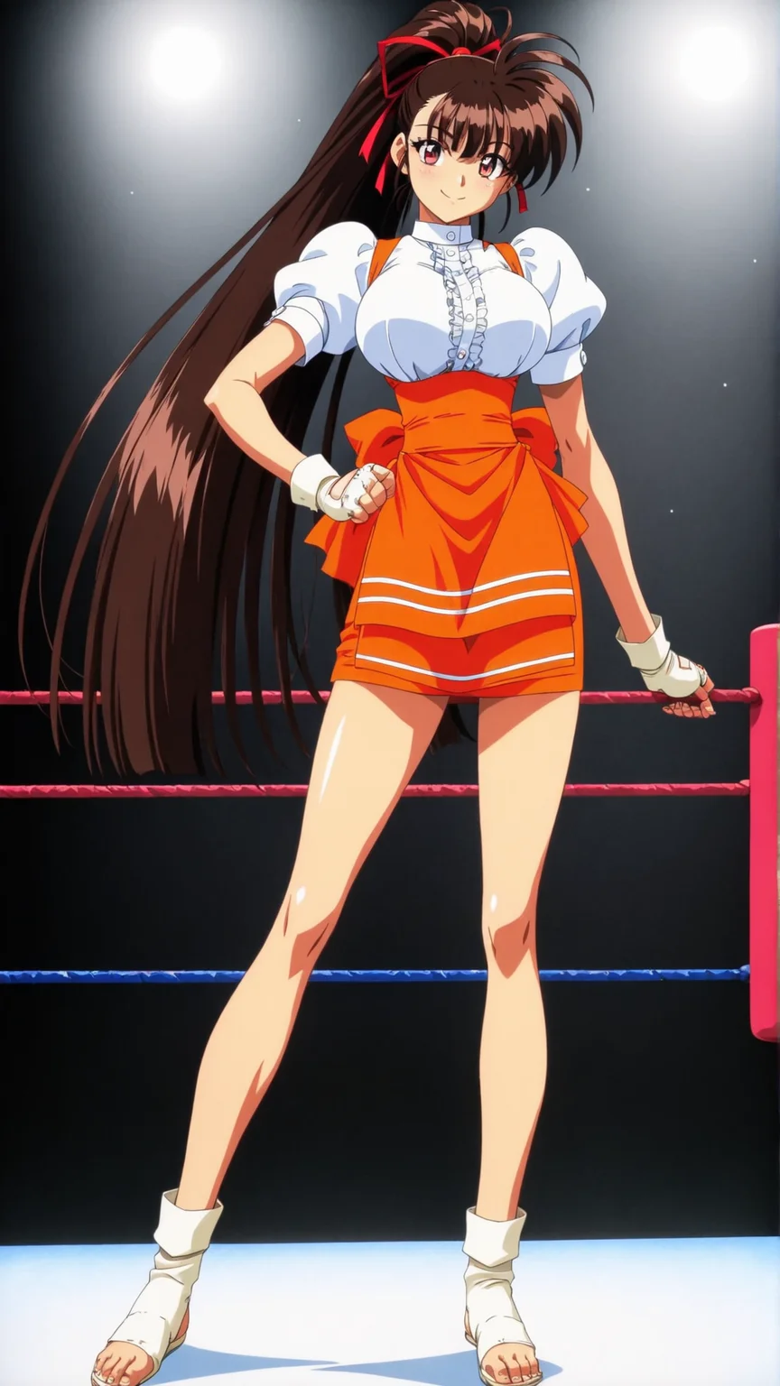 masterpiece, best quality, anime coloring, wrestling ring, spotlight, 
1girl,solo, smile
 <lora:Yuka-Takeuchi_lL_v01:1> yuka-takeuchi, very long hair, brown hair, high ponytail, hair ribbon, waitress, underbust, puffy sleeves, shirt, red ribbon, apron, toeless legwear, short sleeves, fingerless white gloves