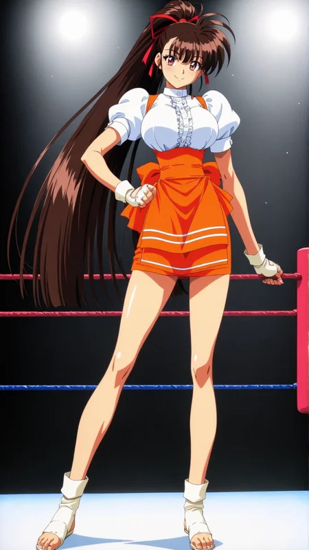 masterpiece, best quality, anime coloring, wrestling ring, spotlight,
1girl,solo, smile
<lora:Yuka-Takeuchi_lL_v01:1> yuka-takeuchi, very long hair, brown hair, high ponytail, hair ribbon, waitress, underbust, puffy sleeves, shirt, red ribbon, apron, toeless legwear, short sleeves, fingerless white gloves