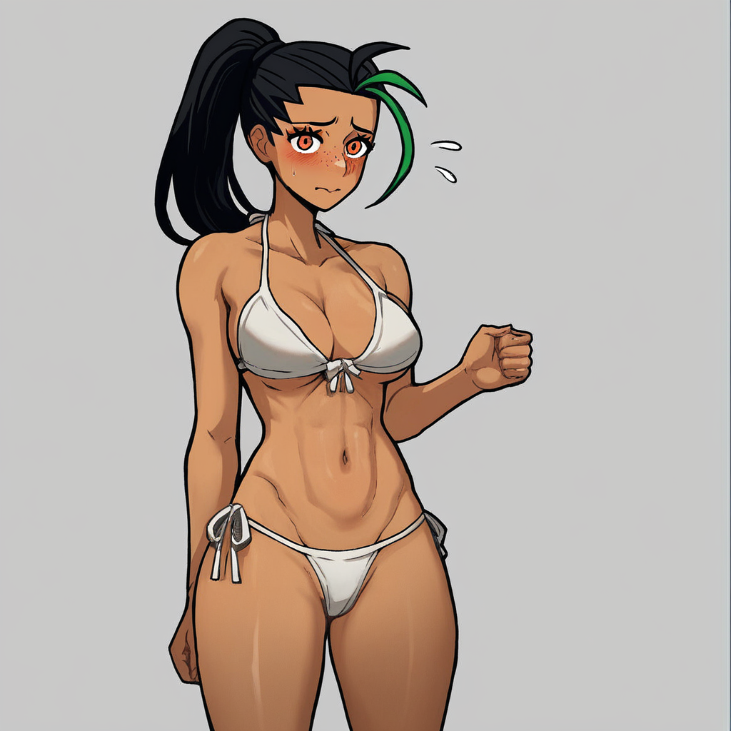 score_9, score_8_up, score_7_up, source_anime, expressive, anime, (4k4bur5tyl3:1.2), Artist speedlines, dynamic, 1girl, (nemona), streaked hair, ponytail, orange eyes, milf, aged up, curvy, fit, dark skin, (white bikini), large breasts, skinny, thick thighs, navel, standing, shy, blush, blushing, embarrassed, sensual, horny, longing, looking at viewer, source_hentai, simple background