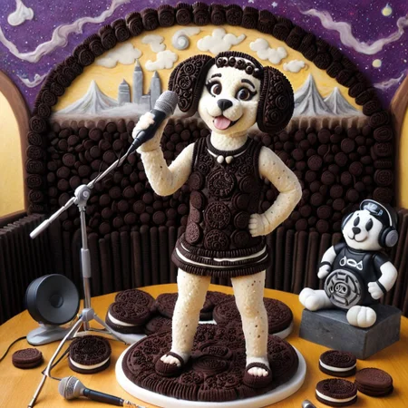 dog girl dressed in an elaborate collection of made of creamy cookies covering her in a majestic way holding microphone, music studio, painting of cute cookies, pg safe