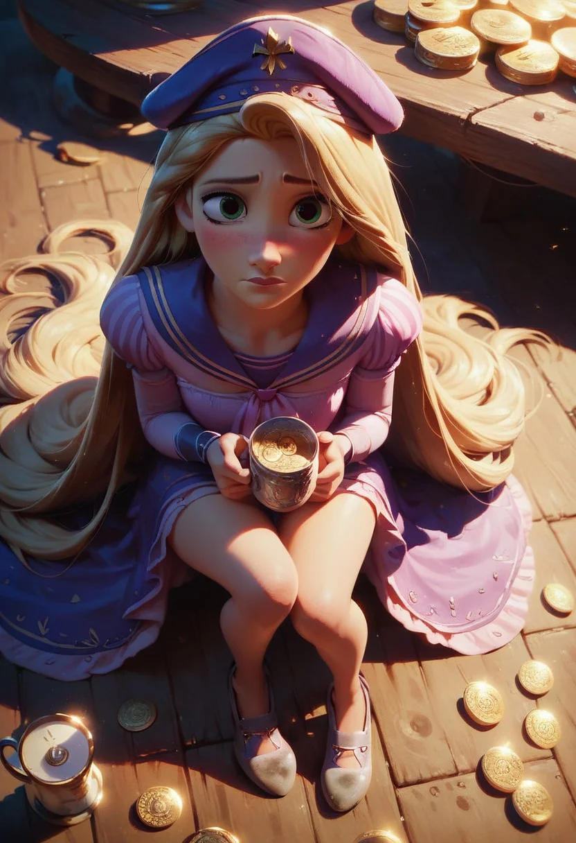 score_9, score_8_up, score_7_up, score_6_up, score_9, score_8_up, score_8, semi realistic, rapunzel, long blonde hair, ((mature face)), intricate details, moody lighting, volumetric lighting, cinematic lighting, depth of field, bokeh, masterpiece, (best quality:1.1), (masterpiece:1.2), beautiful detailed, (((standing in harbor, ships in background, outside))), (from above), sailor outfit, sailor hat, girly colors, ((sitting on floor, beggar)), looking at viewer, ((long legs, dirty shoes)), (((holding cup filled with coins, cup in hand)), sad, blush, slim face, ashamed, embarrassed cinematic lighting, depth of field