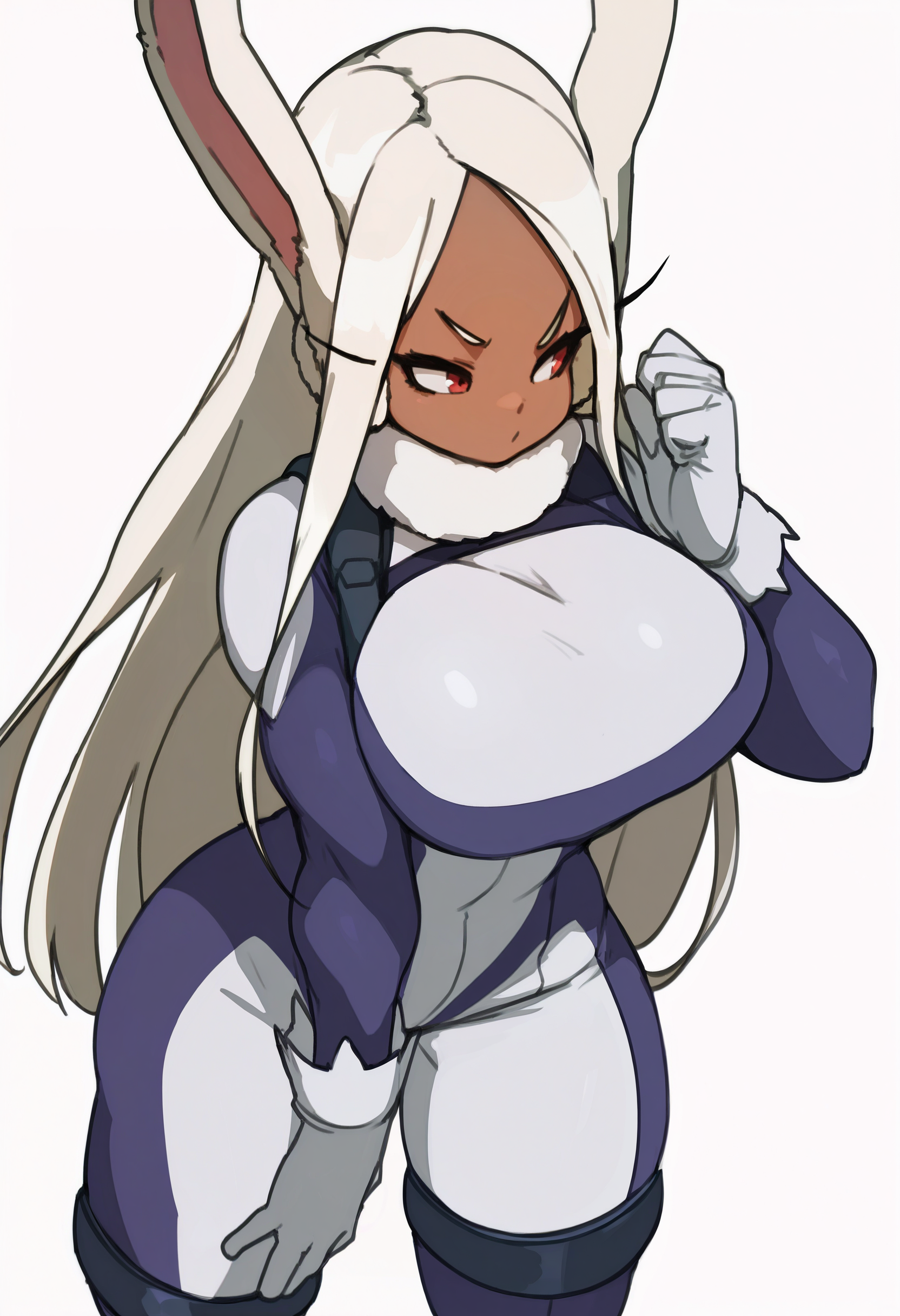 1girl, solo, mirko, bodysuit, white bodysuit, white background, simple background, curvy, large breasts, toned, 
masterpiece, best quality, <lora:naze-guy90-Illust-Lycorisv1:1> anezan