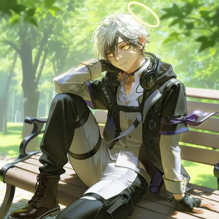 1boy, adnachiel \(arknights\), adnachiel, solo, (mature male:1.2), tilted halo, yellow eyes, bright pupils, short hair, white hair, black streaked hair, (artist:krenz, artist:quuni, artist:yoneyama mai, artist:mebaru:1.2), nyalia, depth of field, photo background, realistic lighting, tree shade, looking at viewer, sitting, sitting on bench, one leg up, light smile, short over long sleeves, white gakuran, white shirt, gold buttons, collared shirt, white sleeves, sleeve cuffs, choker, black headphones, headphones around neck, black jacket, chest belt, short-sleeved jacket, hood up, bandana around arm, single wristband, open jacket, thigh strap, thigh pouch, two-tone pants, white pants, black pants, fingerless gloves, black gloves, brown boots, (white shoe sole:1.1), symmetrical eyes, masterpiece, best quality, newest, absurdres, highres, explicit, <lora:å®å¾·åå°5 lora.TA_trained:0.8>, <lora:nyalia:0.4>, <lora:DetailedEyes_xl_V2:1>, <lora:add-detail-xl:2>, <lora:ChamIllustriousBackgroundEnhancer:0.7>