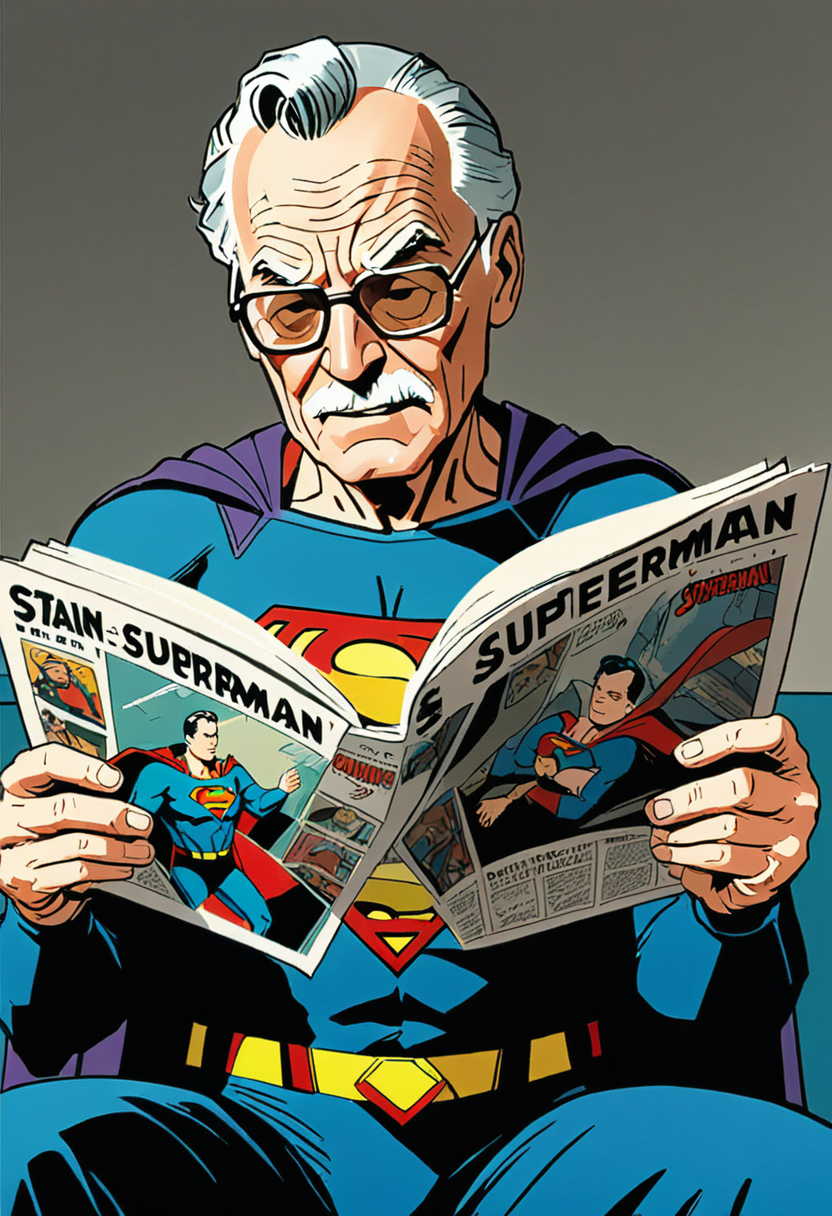 <lora:Everly Heights Comics:1> Stan Lee reading a Superman comic, cinematic composition.