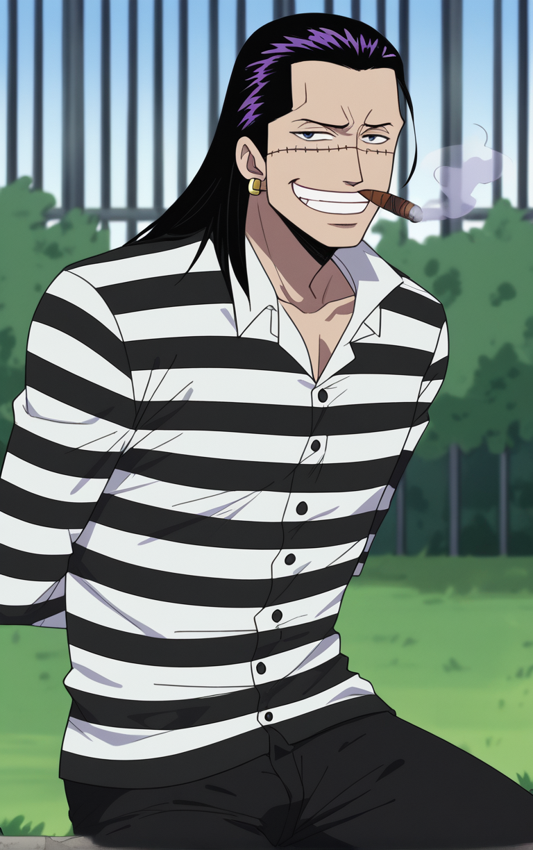score_9, score_8_up, score_7_up, looking at viewer,  BREAK
JailOutfit_Crocodile_ownwaifu, hook,
1boy, black eyes, black hair, hair slicked back,  male focus, scar on face, single earring, scar, jewelry, earrings, long hair, 
prison clothes, cigar, smoking, stitches, smile, striped shirt, shirt, striped, grin, teeth, evil smile, long sleeves
(leaning forward, arms behind back), cowboy shot, garden, wisteria, outdoors, <lora:PONYXL_Pre_ONEPIECE_Crocodile_ownwaifu:0.85> , depth of field, solo, Interesting Image, Captivating Image,