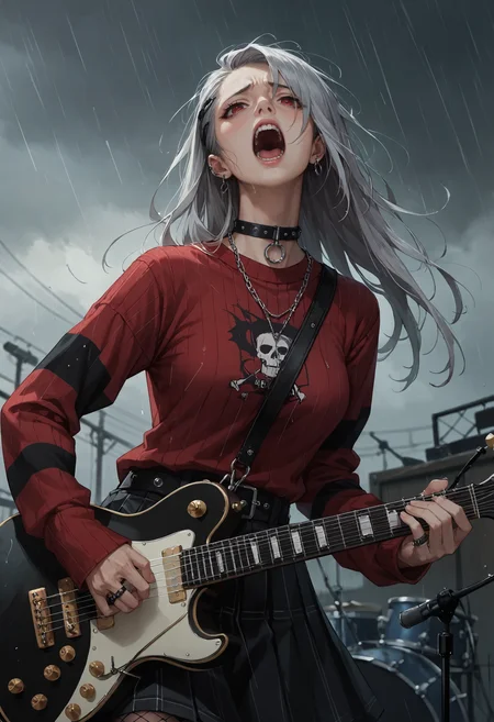 score_9, score_8_up, score_7_up, score_6_up, score_5_up, score_4_up, source_anime, high res image, masterpiece, best quality, 1girl, solo, <lora:Kazuki Dora V2:0.8> Kazuki, silver hair, long hair, red eyes, head back, anguish, wailing, screaming, rain, overcast, downpour, depth of field, rooftop, <lora:StS_age_slider_v1_initial_release:2> <lora:Concept Art Twilight Style SDXL_LoRA_Pony Diffusion V6 XL:0.8> concept art, <lora:electric_guitar___playing_instrument:1> playing_instrument, electric_guitar, HDA_EmoFashionXL,