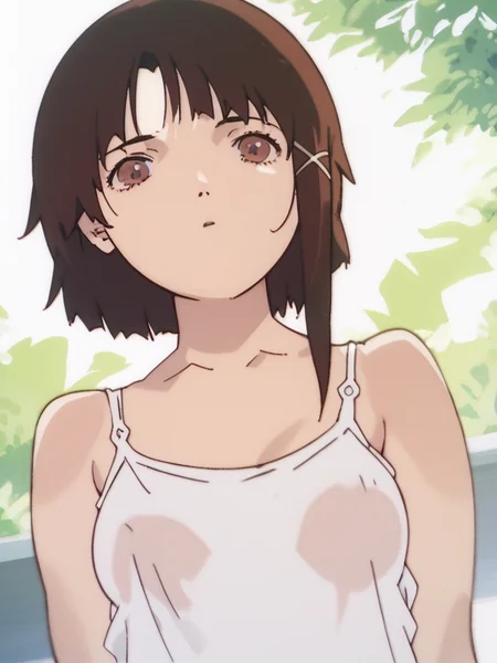 score_9, score_8_up, score_7_up, score_6_up, score_5_up, score_4_up, source_anime, rating_questionable, <lora:Lain_PonyXLv3:1> Lain, 1girl, solo, anime screencap, small breasts, white camisole, large breasts, from below, brown hair, pov,