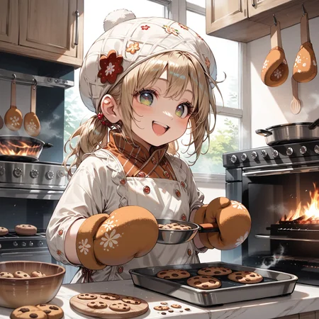 score_9, score_8_up, score_7_up, source_anime, 1girl,(ultra HD quality details), anime, in the kitchen, pulling a baking tray with steaming cookies out of the oven, baking tray with cookies, (wearing giant oven mittens:1.7), cooking hat, sparking eyes, happy (detailed image, high resolution, 5k resolution:1.0)
