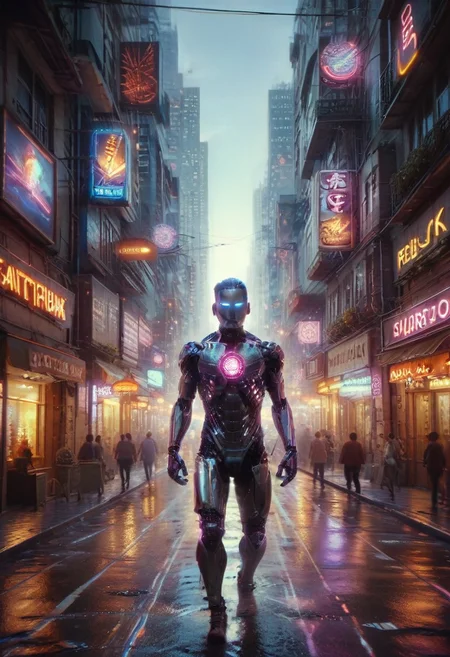 score_9,score_8_up,score_7_up, A soon to be unemployed blue robot, 1 man, futuristic cyberpunk cityscape background, neon lights and brightly lit marquees, wet streets reflect the neon glow of the city, analog photography, ultrarealistic, hdr, Cyberspace, psych3delic