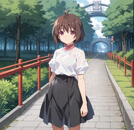 <lora:watanabe_akio:1>
<lora:osanaiyuki:0.5>
score_9, score_8_up, score_7_up,score_6_up,
watanabe akio, poyoyon rock, watanabeakio,
1girl,solo,
onasaiyuki,brown hair, short hair,bangs,bob cut,(red eyes, purple eyes,pink eyes:1.5),antenna hair,ahoge,medium hair,hair between eyes,short hair, shirt, short sleeves, white shirt,skirt,black skirt,puffy sleeves, puffy short sleeves,turtleneck,  outdoors,day,school,bridge,standing at attention