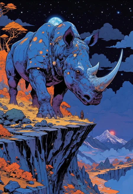 In this hyper-realistic digital masterpiece, a gargantuan rhinoceros stands solemnly at the edge of a cliff overlooking an alien, bioluminescent forest. The rhinoceros is impossibly large, its size rivaling that of mountain ranges. Its thick, armor-like hide is a combination of deep cobalt and lavender hues, with iridescent scales scattered across its back and legs, glimmering like constellations under the glowing moon. The horn of the rhinoceros is jagged and glowing, casting a faint blue aura that lights up the surrounding flora. The landscape behind it is alive with otherworldly plants, their bioluminescent tendrils and flowers casting eerie, radiant glows against the dark, starry sky. The rhinoceros' hulking silhouette dominates the scene, while the shimmering forest below appears small in comparison, creating a fantastical contrast between the beast and its surroundings. The vibrant colors of the forest and the ethereal light contrast with the rhinoceros’s darker tones, creating a mystical, dream-like atmosphere. (psypop, psychedelic, vibrant colors, abstract patterns, Mangaka style)