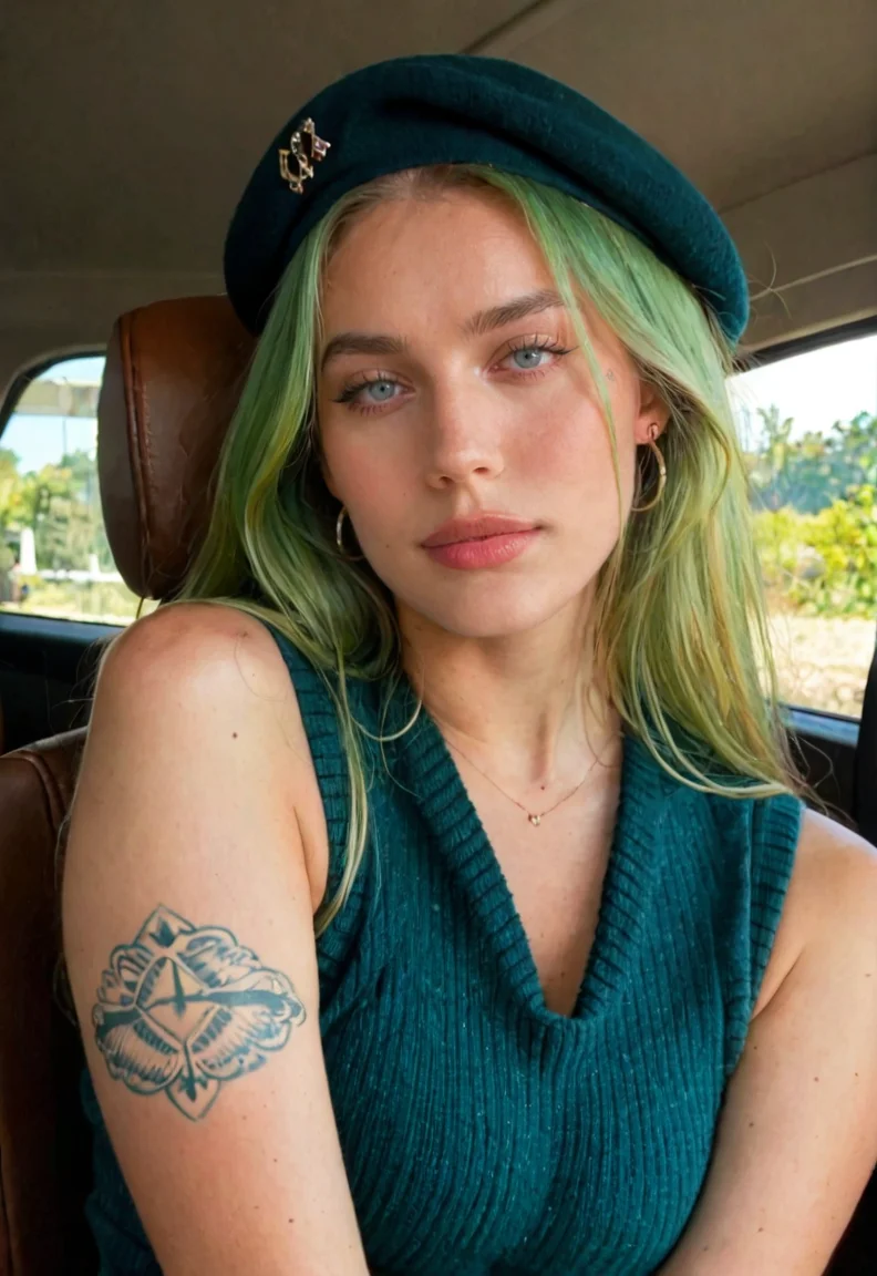 score_9,score_8_up,score_7_up BREAK 1girl,hipster,wool beret,sweater,neon green hair,vest,tattoos,highly detailed,detailed skin,depth of field,film grain,<lora:igbaddie-PN:0.8>.igbaddie
