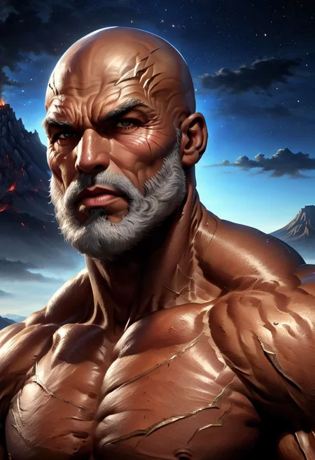 4k, digital art, semi realistic, fantasy, best quality, masterpiece, very detailed, dynamic camera angle, sharp focus dynamic pose, close up, face focus, face portrait of a male bodybuilder, very mature, wrinkles, tan skin, bald, very long beard, round face, strong features, big lips, big eyes, anime eyes, defined eyes, defined eyebrows, greek god, wearing a torn tunic, wearing silver, ancient greece, night sky, active volcano on the background, (cinematic light, volumetric), splash art