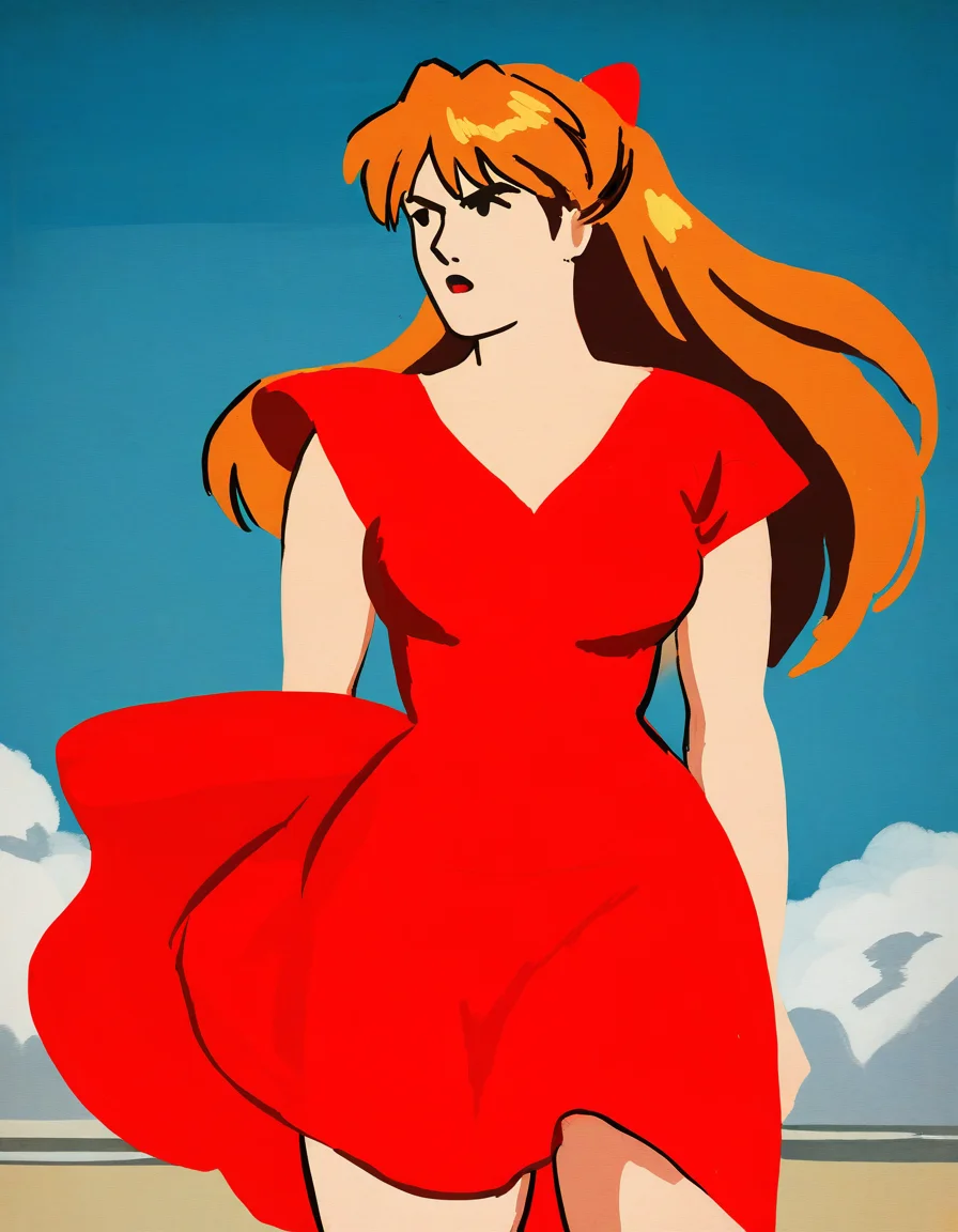 by carl newman, 1girl, souryuu-asuka-langley, determined, dress, wind, outside, looking-away, cowboy-shot, masterpiece, best quality, newest, absurdres, highres