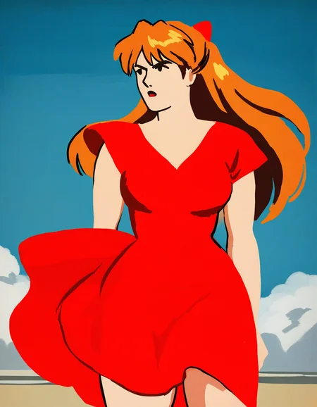 by carl newman, 1girl, souryuu-asuka-langley, determined, dress, wind, outside, looking-away, cowboy-shot, masterpiece, best quality, newest, absurdres, highres