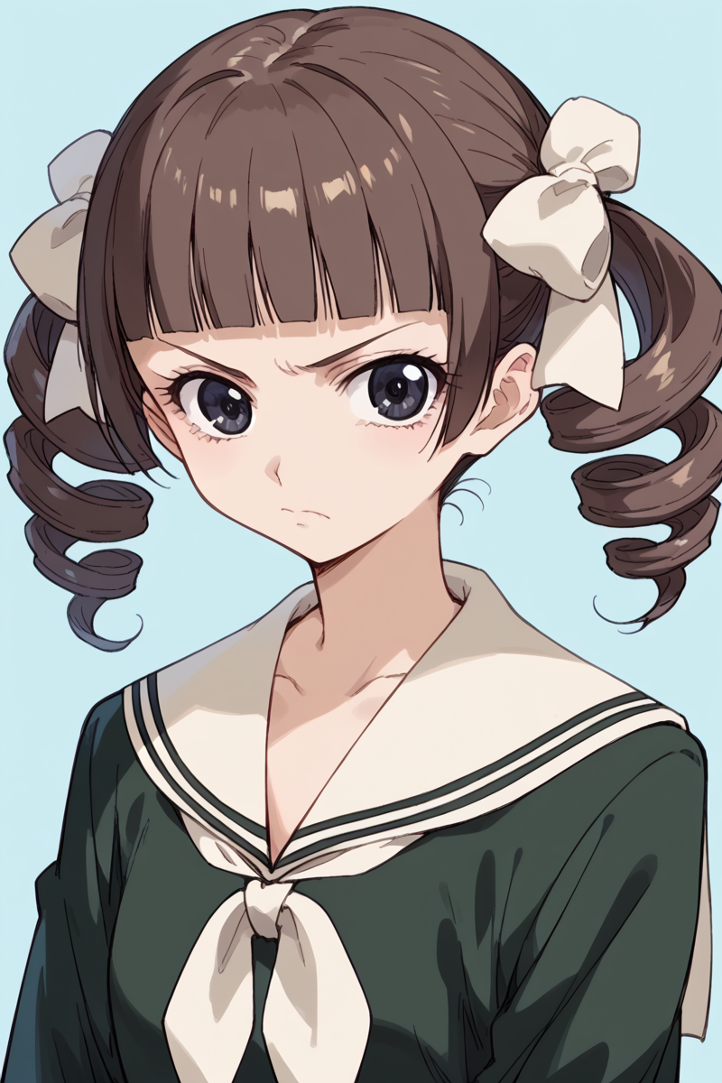 score_9, score_8_up, score_7_up, score_6_up,
 <lora:Touko_Matsudaira:0.9> touko, 1girl, solo, school uniform, drill hair, serafuku, twin drills, brown hair, frown, looking at viewer, parody, blunt bangs, white neckerchief, upper body, black eyes, twintails