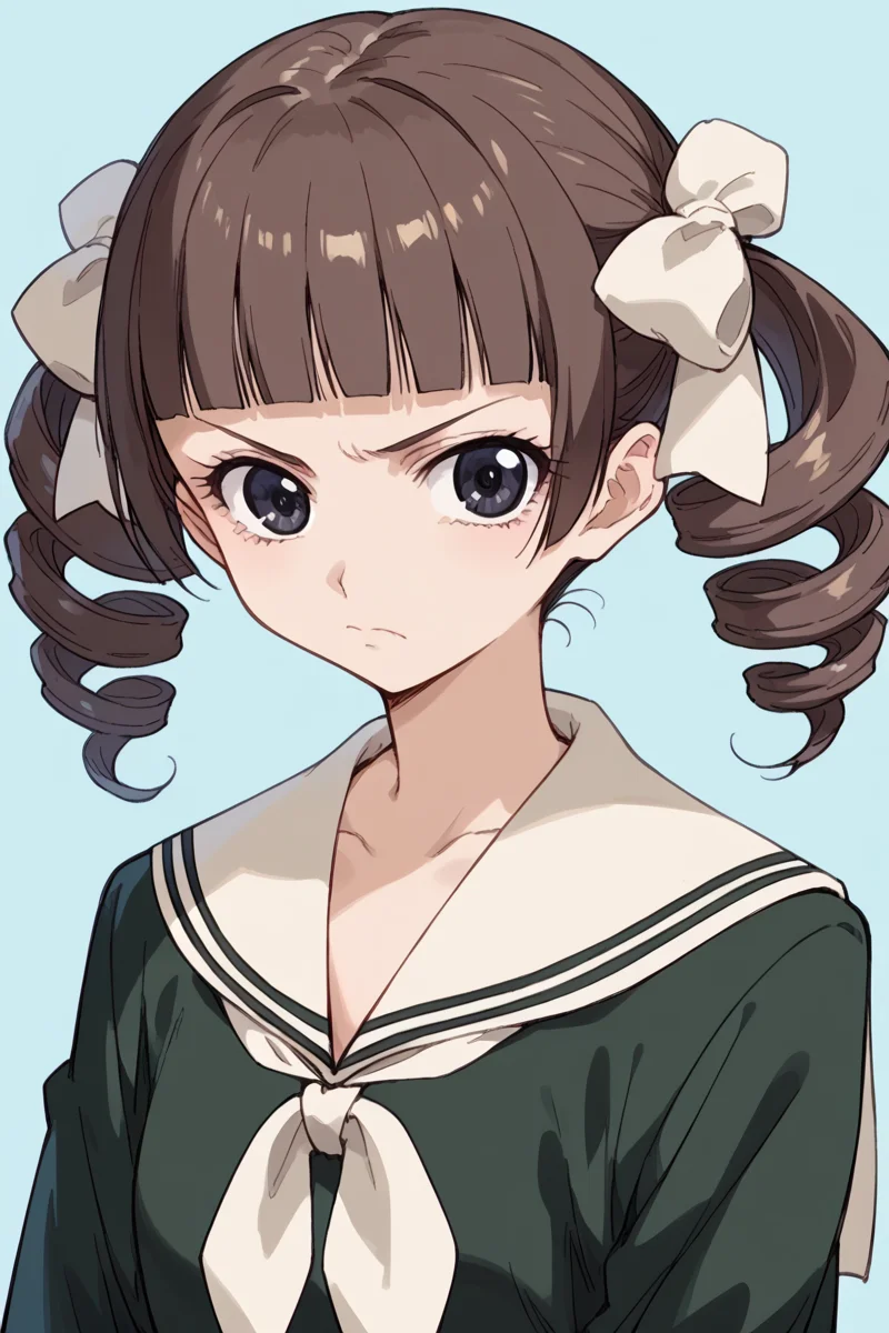score_9, score_8_up, score_7_up, score_6_up,
<lora:Touko_Matsudaira:0.9> touko, 1girl, solo, school uniform, drill hair, serafuku, twin drills, brown hair, frown, looking at viewer, parody, blunt bangs, white neckerchief, upper body, black eyes, twintails