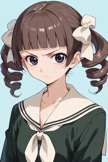 score_9, score_8_up, score_7_up, score_6_up,
<lora:Touko_Matsudaira:0.9> touko, 1girl, solo, school uniform, drill hair, serafuku, twin drills, brown hair, frown, looking at viewer, parody, blunt bangs, white neckerchief, upper body, black eyes, twintails