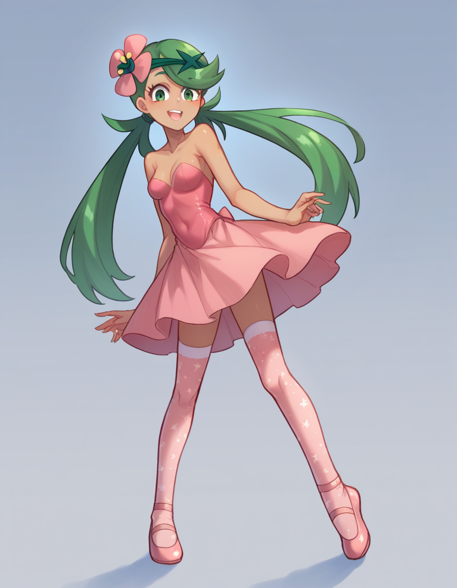 zPDXL, score_9, score_8_up, score_7_up, source_anime,
1girl, solo, <lora:Popoka_v2:1> ppka, Pokemon, Mallow, green hair, long hair, twintails, :D, knees together feet apart, ballerina wearing Enchanting celestial-themed leotard, shimmering tulle skirt, celestial stockings, pointe shoes,