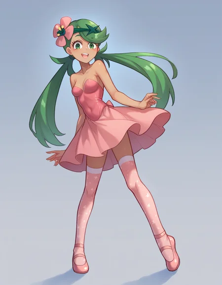 zPDXL, score_9, score_8_up, score_7_up, source_anime,
1girl, solo, <lora:Popoka_v2:1> ppka, Pokemon, Mallow, green hair, long hair, twintails, :D, knees together feet apart, ballerina wearing Enchanting celestial-themed leotard, shimmering tulle skirt, celestial stockings, pointe shoes,
