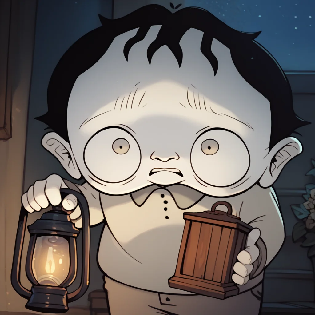 score_9, score_8_up,score_7_up, score_6_up, score_5_up, score_4_up, indoors, <lora:melvin-v2:1> m-melvin, grey skin, gnome, grey eyes, 1boy, solo, scared, grey pants, grey shirt, dutch angle, (dark), night, little fingers, holding lantern,