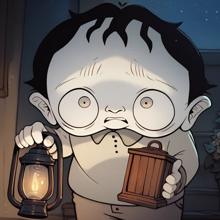 score_9, score_8_up,score_7_up, score_6_up, score_5_up, score_4_up, indoors, <lora:melvin-v2:1> m-melvin, grey skin, gnome, grey eyes, 1boy, solo, scared, grey pants, grey shirt, dutch angle, (dark), night, little fingers, holding lantern,