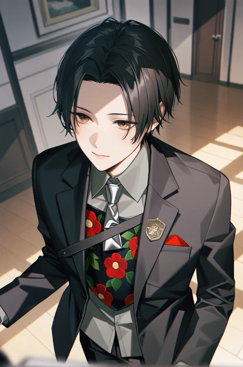 artist:gomzi,artist:wanke,artist:diyokama, rei_(sanbonzakura),[[artist:fuzichoco]],year 2023, 
school hall, solo, 
male protagonist \(caligula 2\), brown eyes, black hair, forehead, short hair,
grey shirt, grey necktie, square-end necktie, black blazer, medal, muneate, floral print,
black pants, <lora:tce2_majorcharacters.ilxl:0.8>