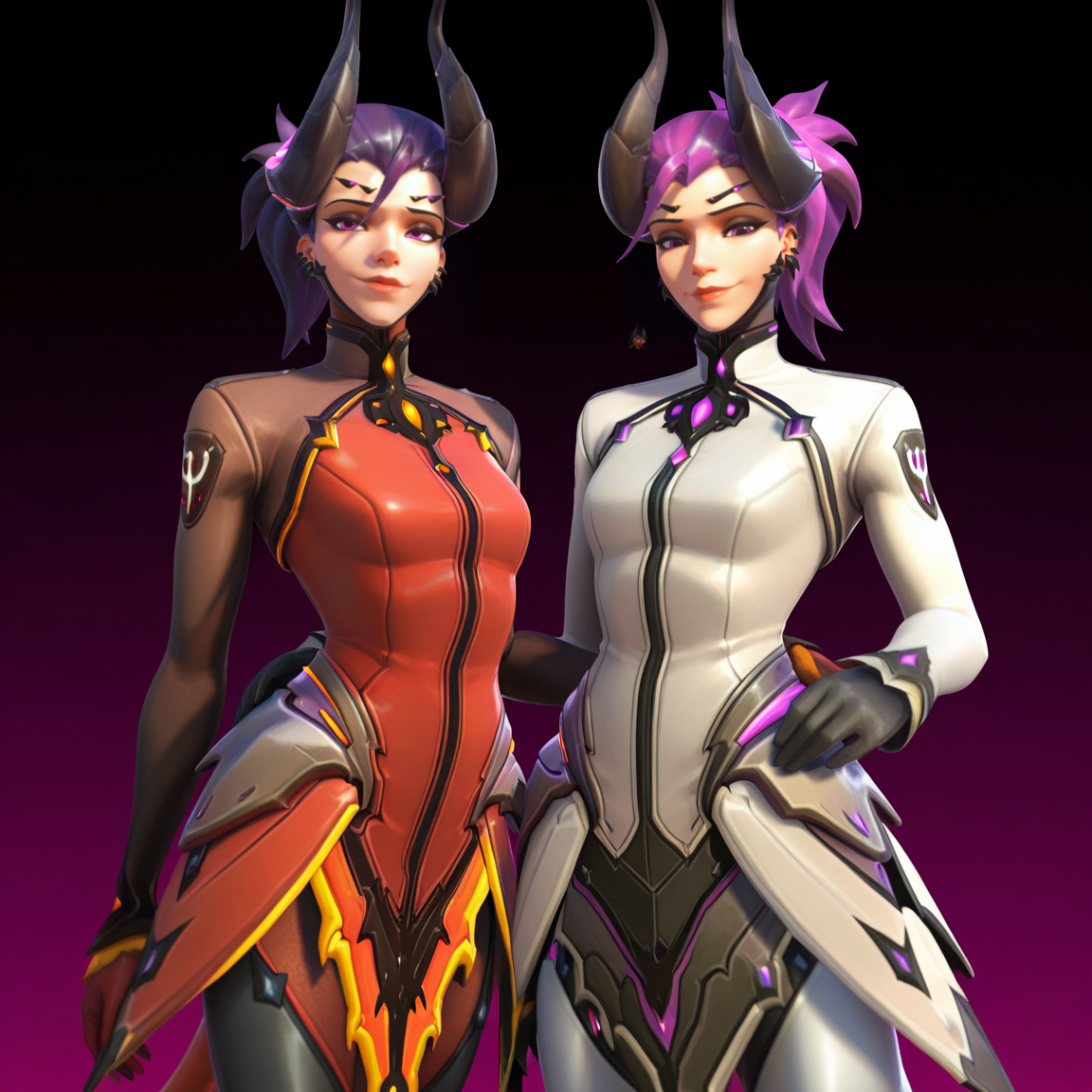 score_9, score_8_up, score_7_up, Masterpiece, high-res, 2k, best quality, 2.5d, 2girls, mercy (overwatch), imp mercy , purple hair , white suit, and devil mercy, black hair , red suit, side by side <lora:Devil_imp_mercy-000043:1>