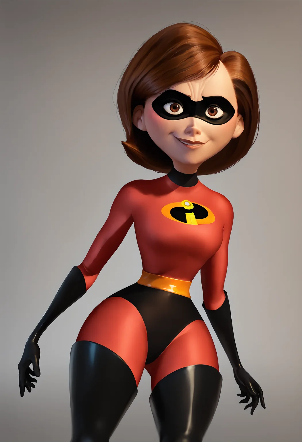 <lora:HelenParrPony1.1_r1:1>, score_9, score_8_up, score_7_up, score_6_up, score_5_up, score_4_up, looking at viewer,helen parr, 1girl, solo, brown hair, brown eyes, red bodysuit, domino mask, elbow gloves, lips, yellow belt, thigh boots, smile,