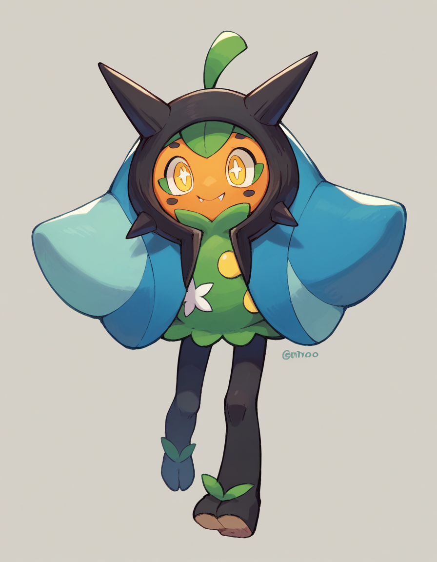 zPDXL, score_9, score_8_up, score_7_up, source_anime, 1girl, solo, 
 <lora:Ogerpon_v2:0.8> ogerpon, pokemon \(creature\), yellow eyes, blue poncho,