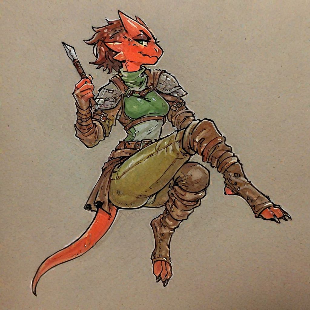 score_9, score_8_up, score_7_up, source_traditional, rating_explicit, traditional media, female kobold, kobold, solo, solo character, fully clothed, rogue, dnd, leather armor, pin-up, thief, jewelry