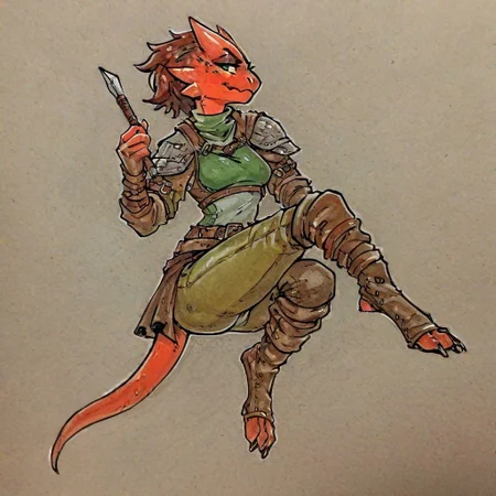 score_9, score_8_up, score_7_up, source_traditional, rating_explicit, traditional media, female kobold, kobold, solo, solo character, fully clothed, rogue, dnd, leather armor, pin-up, thief, jewelry