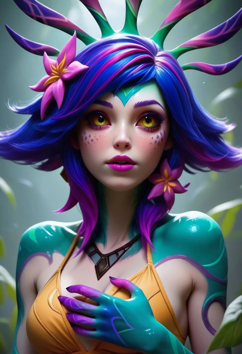 score_9, score_8_up, score_7_up, score_6_up, score_5_up, score_4_up, 1girl, slim, fit, realistic, beautiful eyes, neeko from league of legends, mouth opened, lizard tail, hiding, focusing on colorful beetle