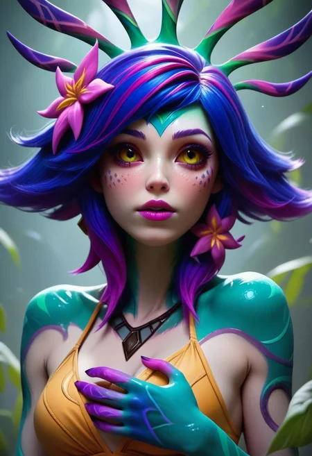 score_9, score_8_up, score_7_up, score_6_up, score_5_up, score_4_up, 1girl, slim, fit, realistic, beautiful eyes, neeko from league of legends, mouth opened, lizard tail, hiding, focusing on colorful beetle
