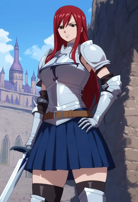 (score_9, score_8_up, score_7_up, high quality, best quality, ultra-detailed, very aesthetic, illustration, perfect composition, intricate details, absurdres, high res image, masterpiece, vibrant colors, beautiful face, detailed face, 1girl, solo focus, perfect eyes, detailed eyes), erza scarlet, Erza_Scarlet, long hair, red hair, hair between eyes, brown eyes, pale skin, thighs, perfect body, voluptuous, large breasts, curvy body, narrow-waisted, wide hips, (skirt, thighhighs, boots, belt, sword, armor, gauntlets, armored boots, greaves, knight), (neutral face, hand on hip), (fantasy, outdoors, castle)