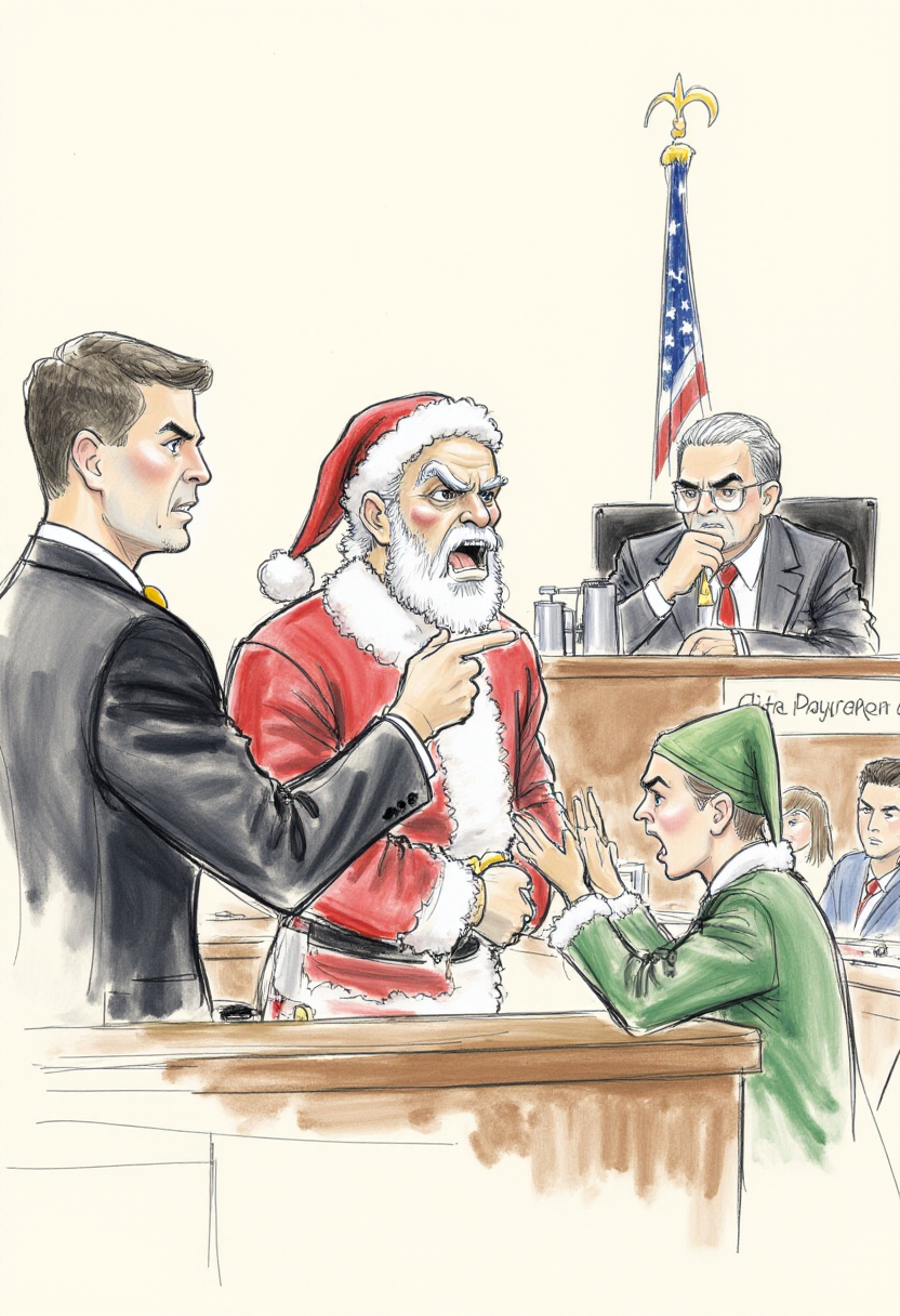 <lora:Courtroom_Sketch_Style_FLUX-000013:0.8>
This is a detailed, hand-drawn courtroom scene in a sketchy, watercolor style depicting an elf angrily pointing at Santa. Santa is wearing handcuffs and sitting next to a lawyer.