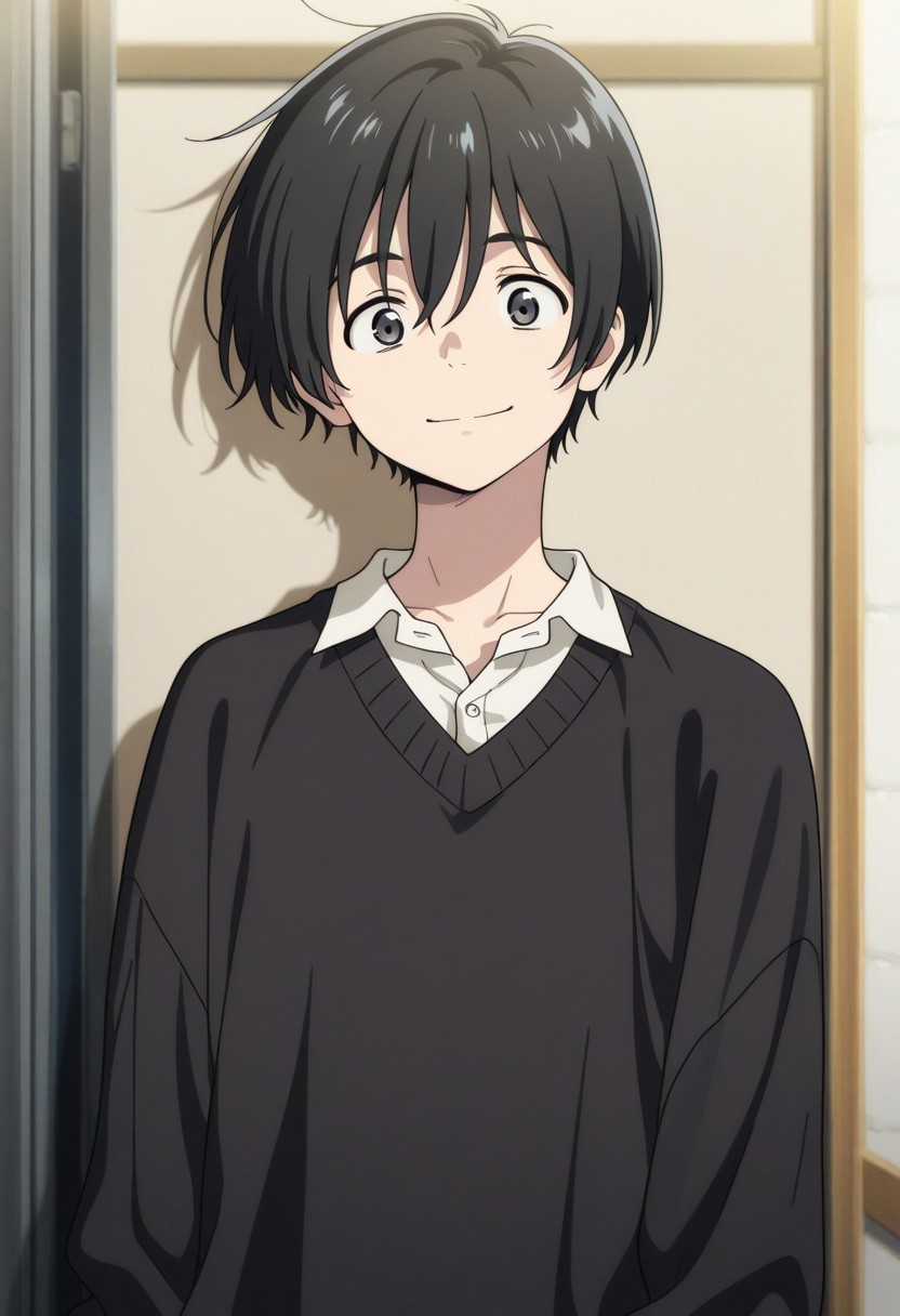 masterpiece,best quality,amazing quality, source_anime, 
MioChibana, 1boy, male focus, solo, black eyes, black hair, short hair, black sweater, shirt, white shirt, collared shirt. smile, looking at viewer,